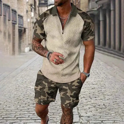 Mens Summer Tracksuit Set 3D Printed Casual Short Sleeve T Shirt With Lapel Zip Polo For Jogging