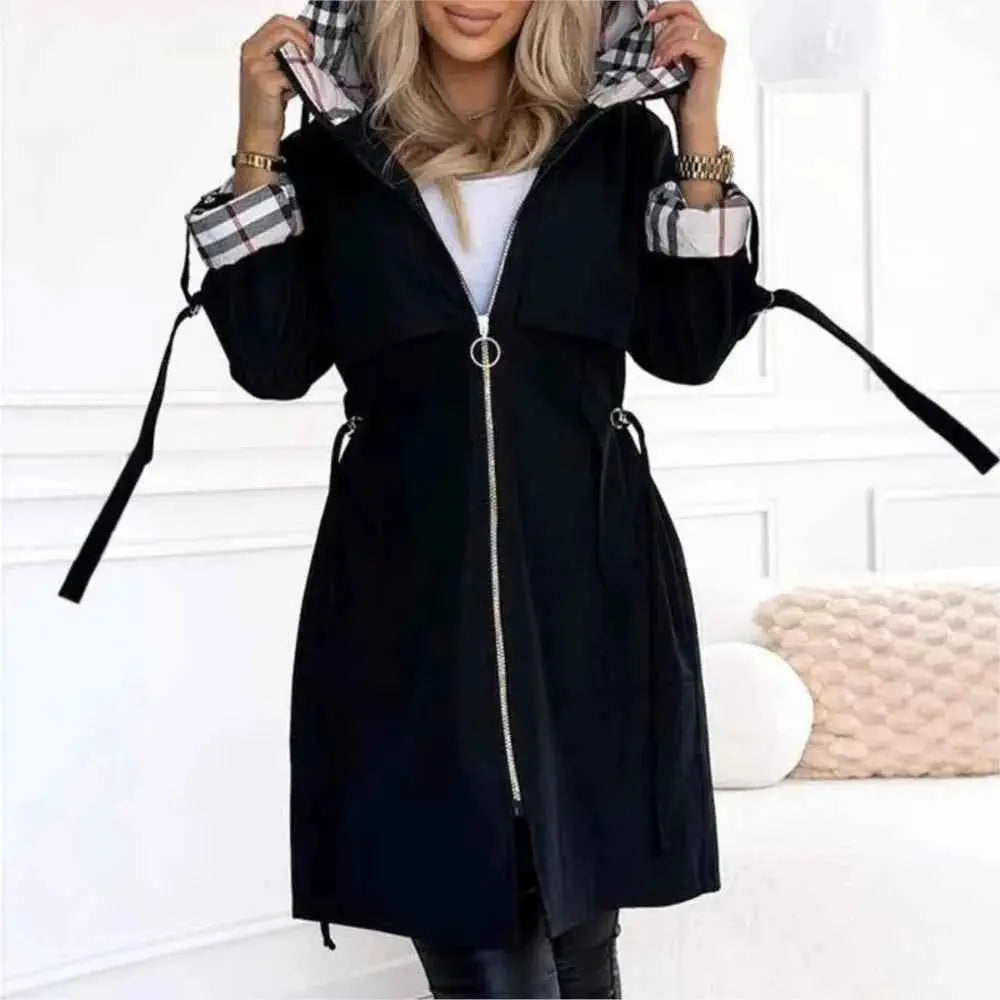 Autumn Winter Splicing Plaid Windbreaker Coat For Women Hooded Zipper Pocket Drawstring Waist Long Jacket