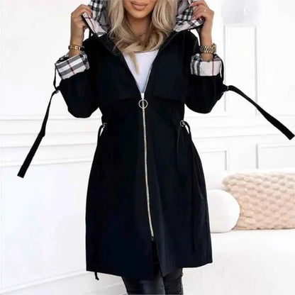 Autumn Winter Splicing Plaid Windbreaker Coat For Women Hooded Zipper Pocket Drawstring Waist Long Jacket