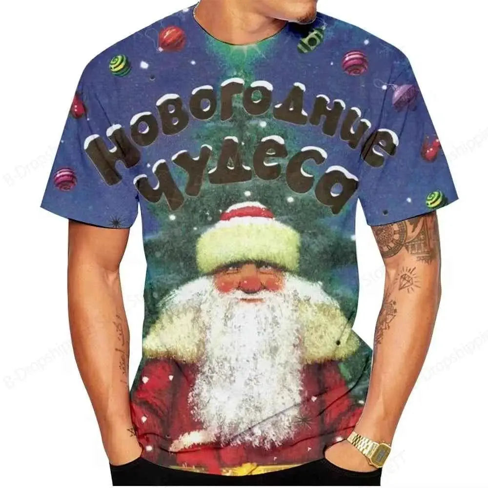 Christmas Santa Claus 3D Print T Shirt For Men Casual Short Sleeve O Neck Oversized Tee