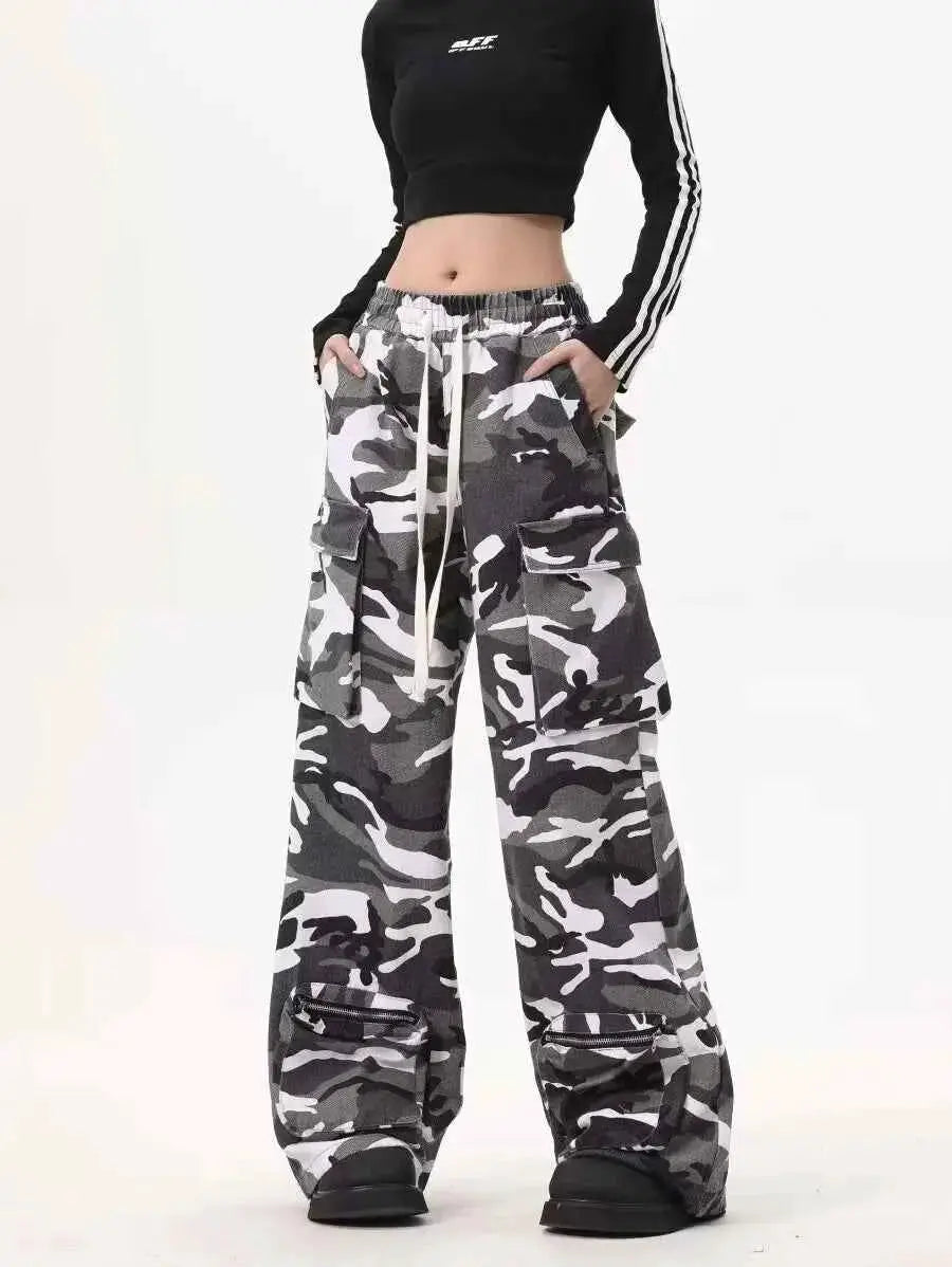 Y2K Baggy Cargo Pants Women Camouflage Print Wide Leg Joggers Hip Hop Streetwear Drawstring Casual Trousers