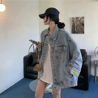 Oversized Denim Jacket for Women Korean Style Loose Fit Long Sleeve Button Down Jean Jacket 2026 New