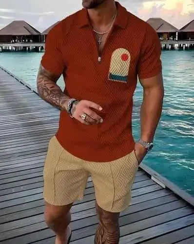 Mens Summer Tracksuit Set 3D Printed Casual Short Sleeve T Shirt With Lapel Zip Polo For Jogging