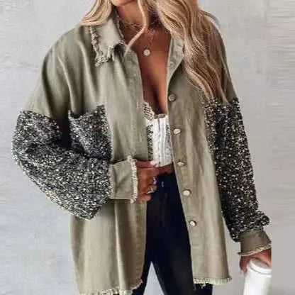 2025 Spring And Autumn Women Loose Casual Denim Shirt Jacket With Sequin Tassels For Everyday Wear