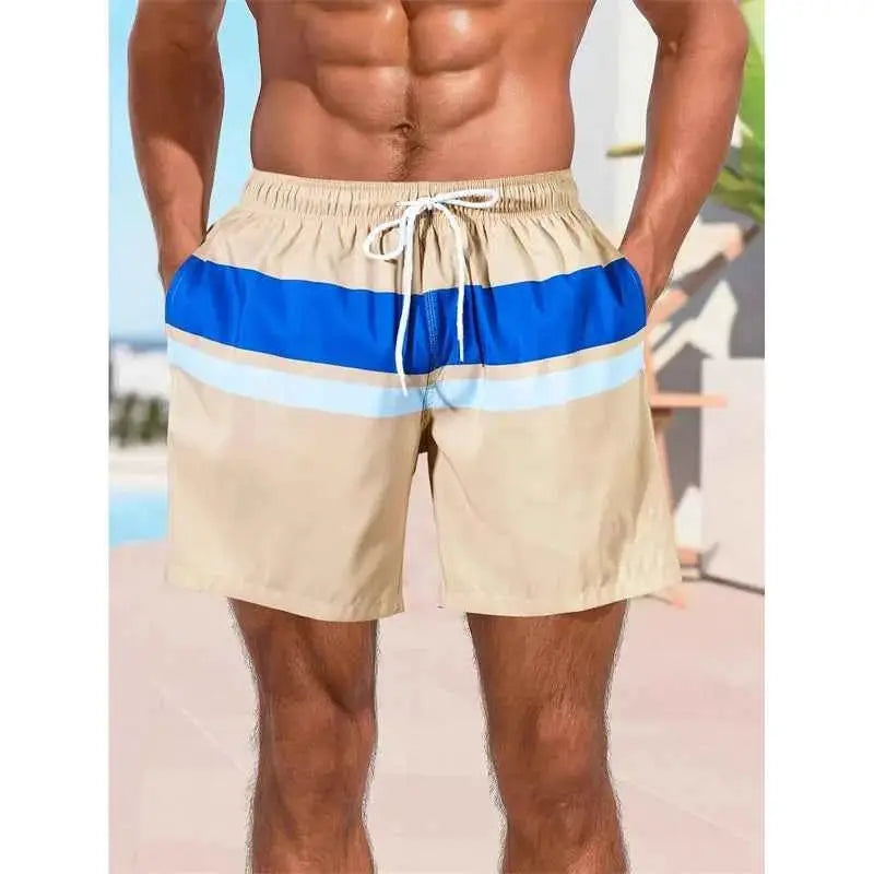 Colorful Stripe Pattern Beach Shorts For Men With Color Stitching 3D Printed Swim Trunks Hawaii Board Shorts