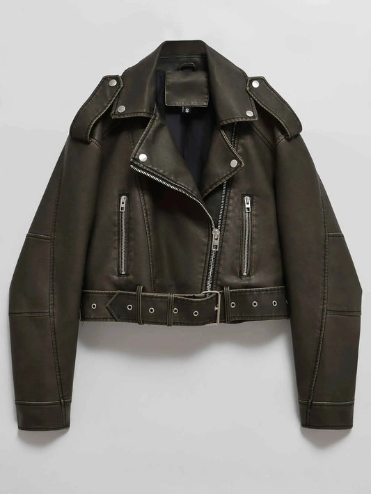Womens Faux Leather Jacket Loose Fit Biker Motorcycle Coat Fashion Casual Streetwear