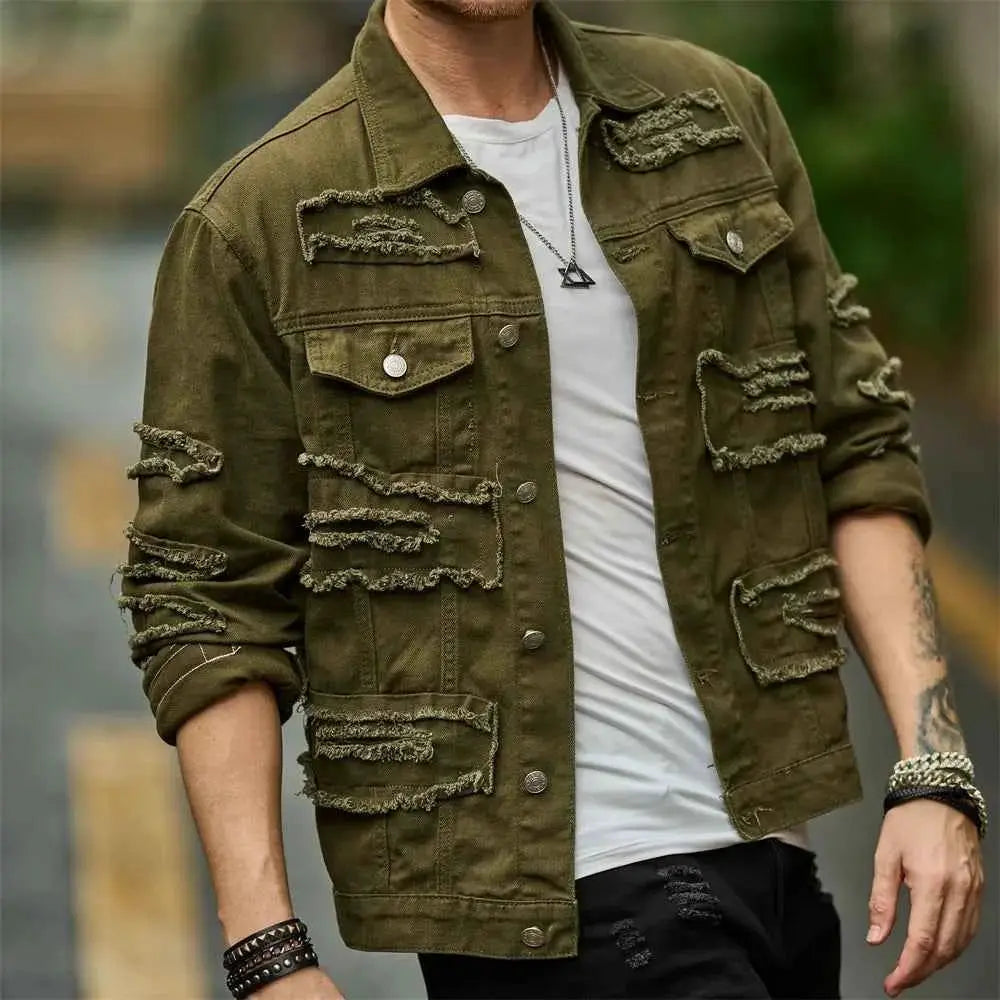 Street Style Men Ripped Splicing Slim Motorcycle Denim Jacket With Patch Casual Solid Jeans Coat