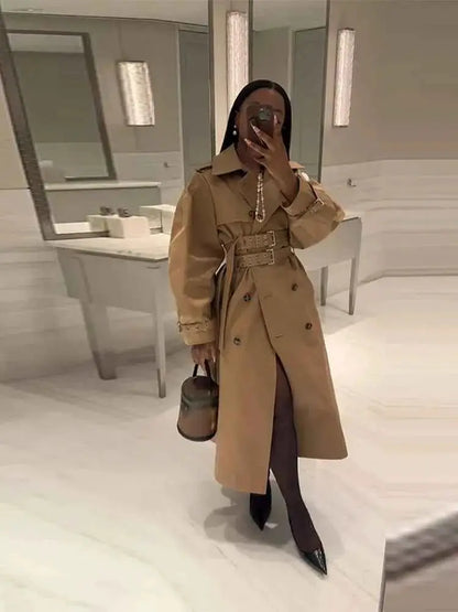 Khaki Women Windbreaker Jacket Double Belt Long Sleeve Lapel Button Casual Streetwear 2025 Autumn Winter