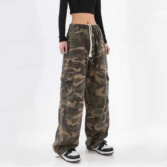 Streetwear Women Oversize Camouflage Cargo Pants With Drawstring Waist Pockets Spring Autumn Casual Trousers