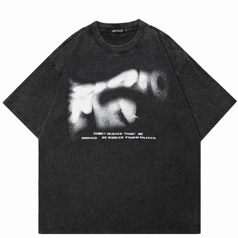 Hip Hop Streetwear 2024 Oversized Men Graphic T Shirt Vintage Blurry Letters Black Cotton Washed Tee