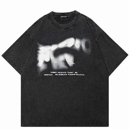 Hip Hop Streetwear 2024 Oversized Men Graphic T Shirt Vintage Blurry Letters Black Cotton Washed Tee