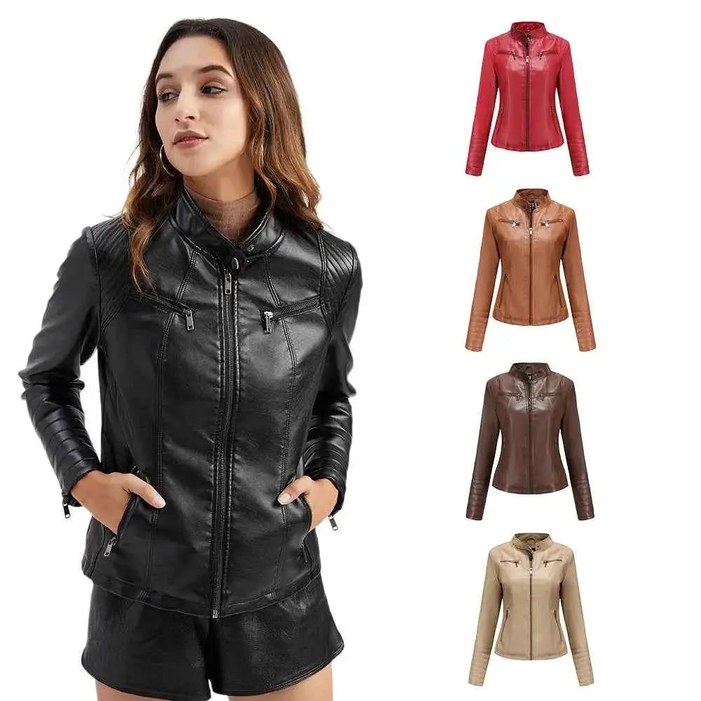 2026 Women's Slim Leather Jacket With Stand Up Collar Zipper Stitching Monochrome PU Coat Fashion Clothing