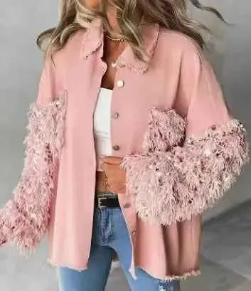 2025 Spring And Autumn Women Loose Casual Denim Shirt Jacket With Sequin Tassels For Everyday Wear