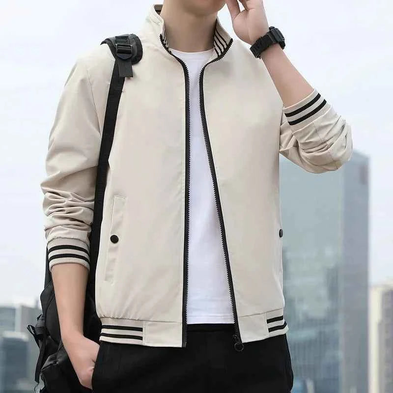 BROWON Men Spring and Autumn Fashion Jacket Long Sleeve Regular Fit Solid Bomber Jacket for Daily Casual Wear
