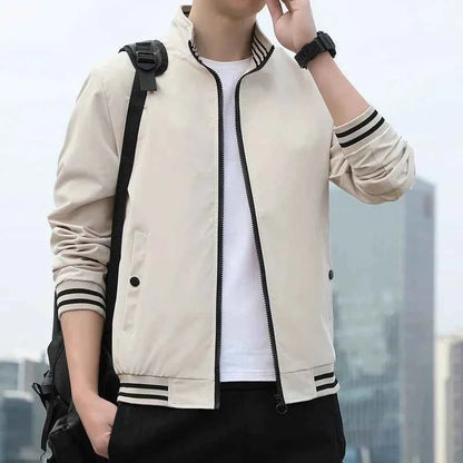 BROWON Men Spring and Autumn Fashion Jacket Long Sleeve Regular Fit Solid Bomber Jacket for Daily Casual Wear