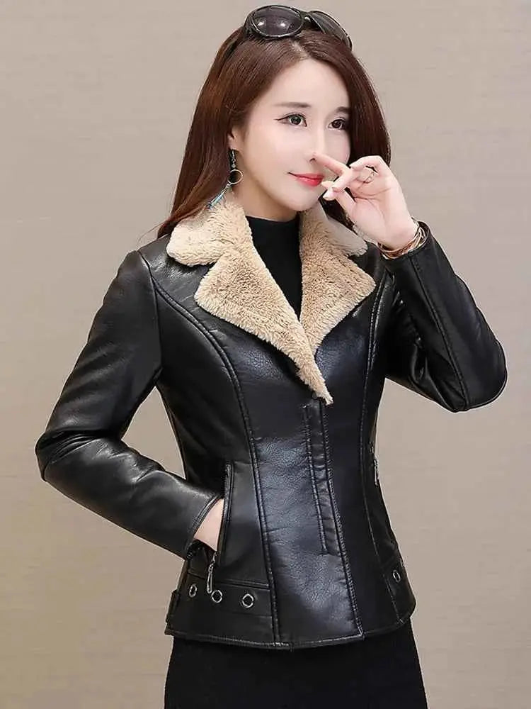 Aelegantmis Autumn Winter Warm Faux Fur Coat For Women Leather Jacket Slim Moto Biker Outerwear Plush Casual