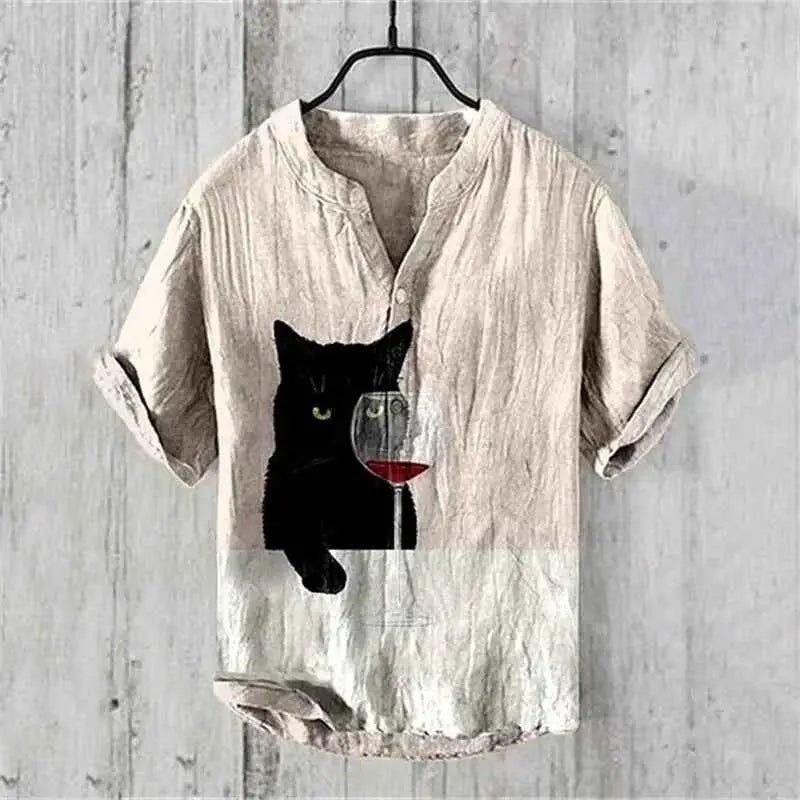 Summer Linen Blend Men's V Neck Short Sleeve T Shirt With The Great Wave Off Kanagawa Print
