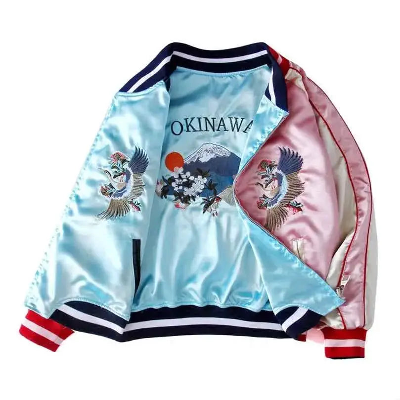 Double Sided Satin Baseball Jacket Women Featuring Mount Fuji Yokosuka Japanese Artwork Sky Blue And Pink By TeenStylo