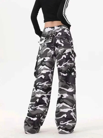 Y2K Baggy Cargo Pants Women Camouflage Print Wide Leg Joggers Hip Hop Streetwear Drawstring Casual Trousers