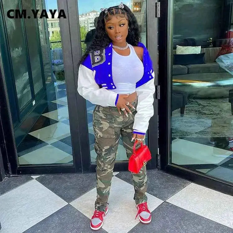 CM YAYA Letter B Baseball Womens Tracksuit Two Piece Jacket And Sweatpants Set Outfit