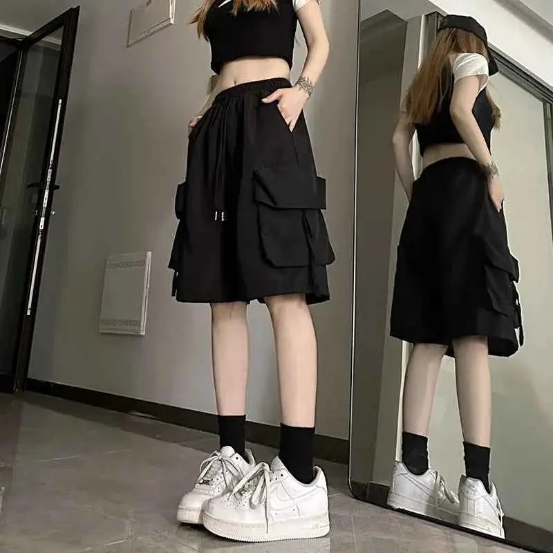 Y2K Cargo Shorts Women Harajuku Black Oversized Wide Leg High Waist Baggy Summer Streetwear New