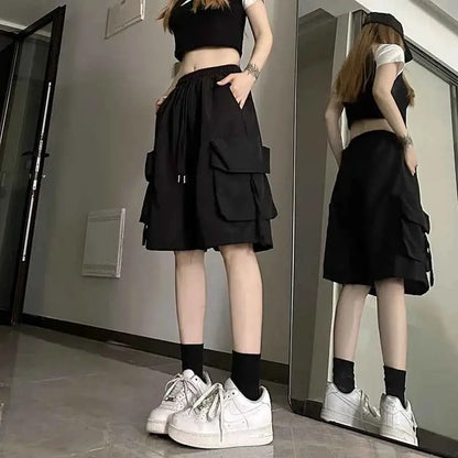 Y2K Cargo Shorts Women Harajuku Black Oversized Wide Leg High Waist Baggy Summer Streetwear New