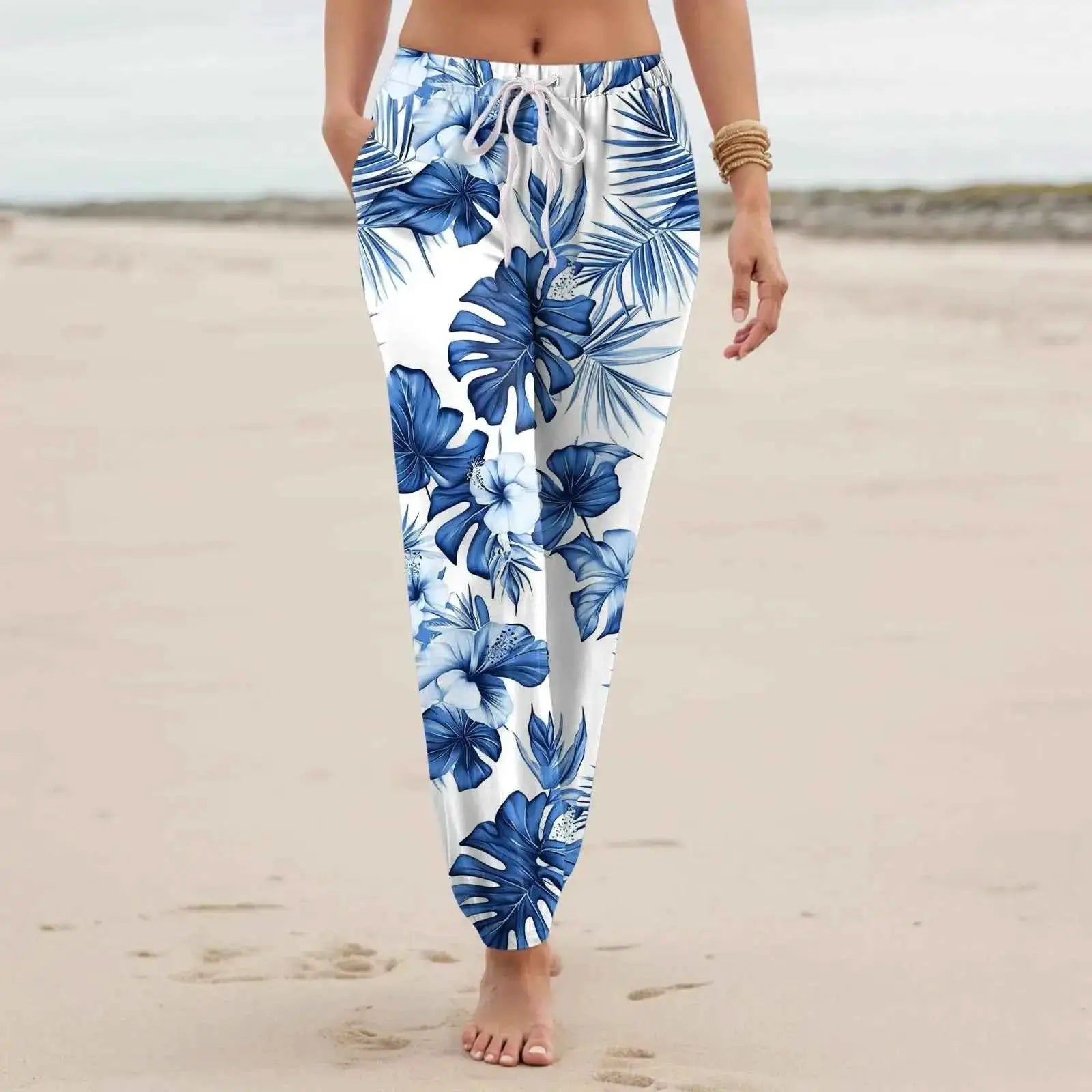 Women Casual Vintage Floral Printed Harem Pants With Pockets Drawstring Elastic Waist Beach Vacation Long Trousers