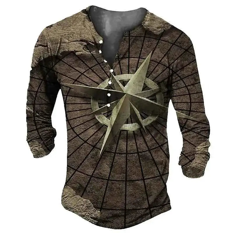 Vintage Men's Compass Graphic Long Sleeve Tee Oversized Streetwear 3D Print For Men