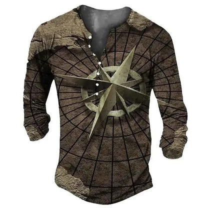 Vintage Men's Compass Graphic Long Sleeve Tee Oversized Streetwear 3D Print For Men
