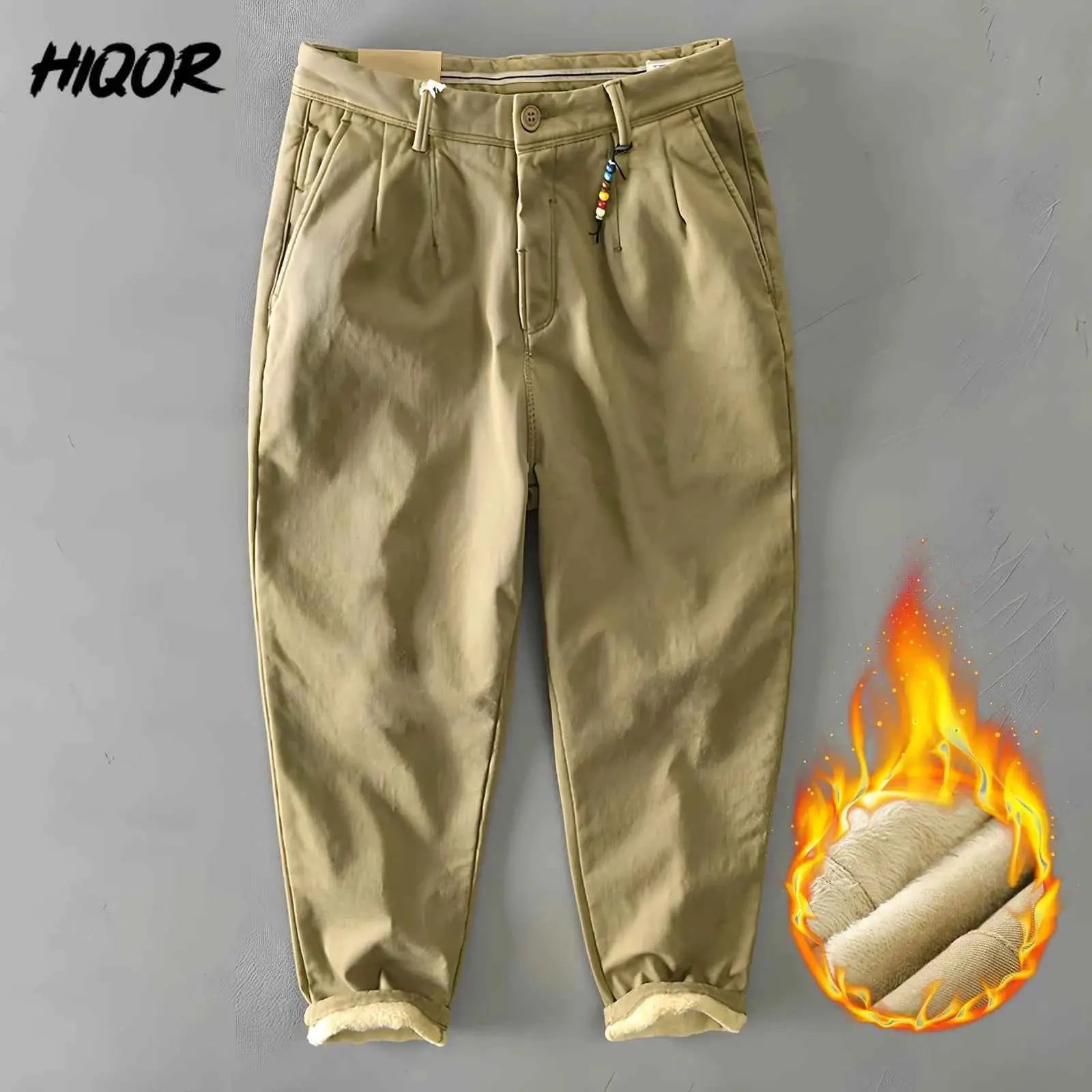 HIQOR Men Cargo Pants Winter 2026 Fleece Warm Khaki Casual Trousers Beading Design Business Pants