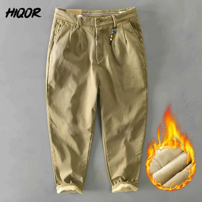 HIQOR Men Cargo Pants Winter 2026 Fleece Warm Khaki Casual Trousers Beading Design Business Pants