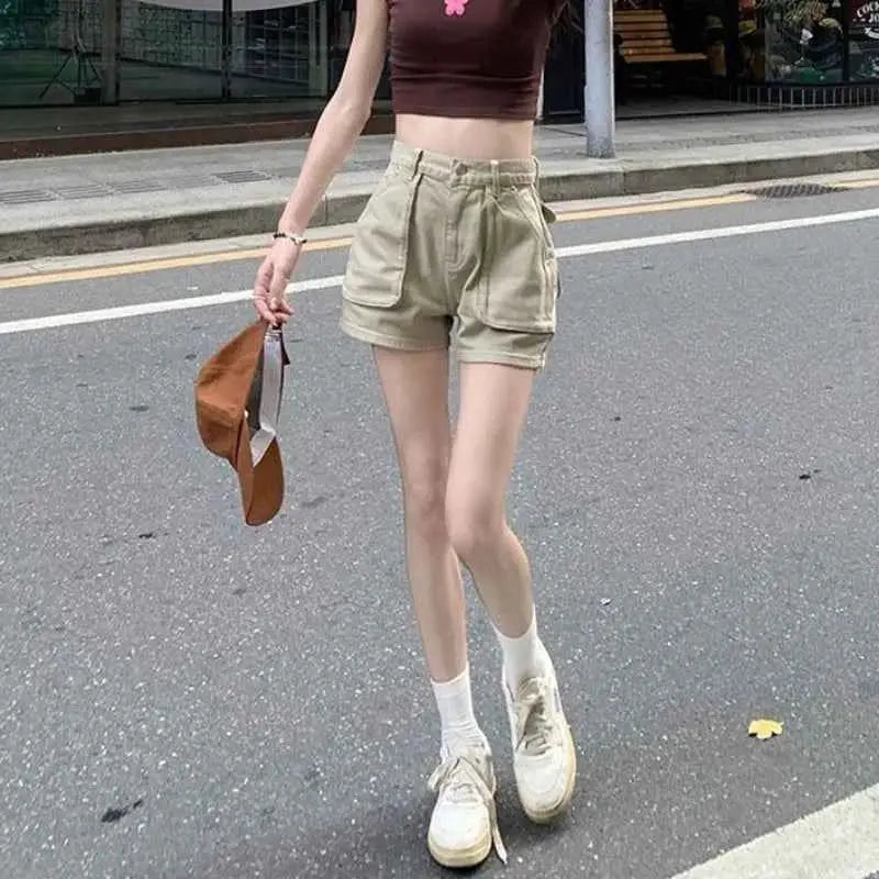 Khaki Pocket Baggy High Waist Cargo Denim Shorts for Women Korean Style Harajuku Summer Fashion