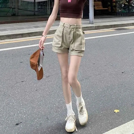 Khaki Pocket Baggy High Waist Cargo Denim Shorts for Women Korean Style Harajuku Summer Fashion