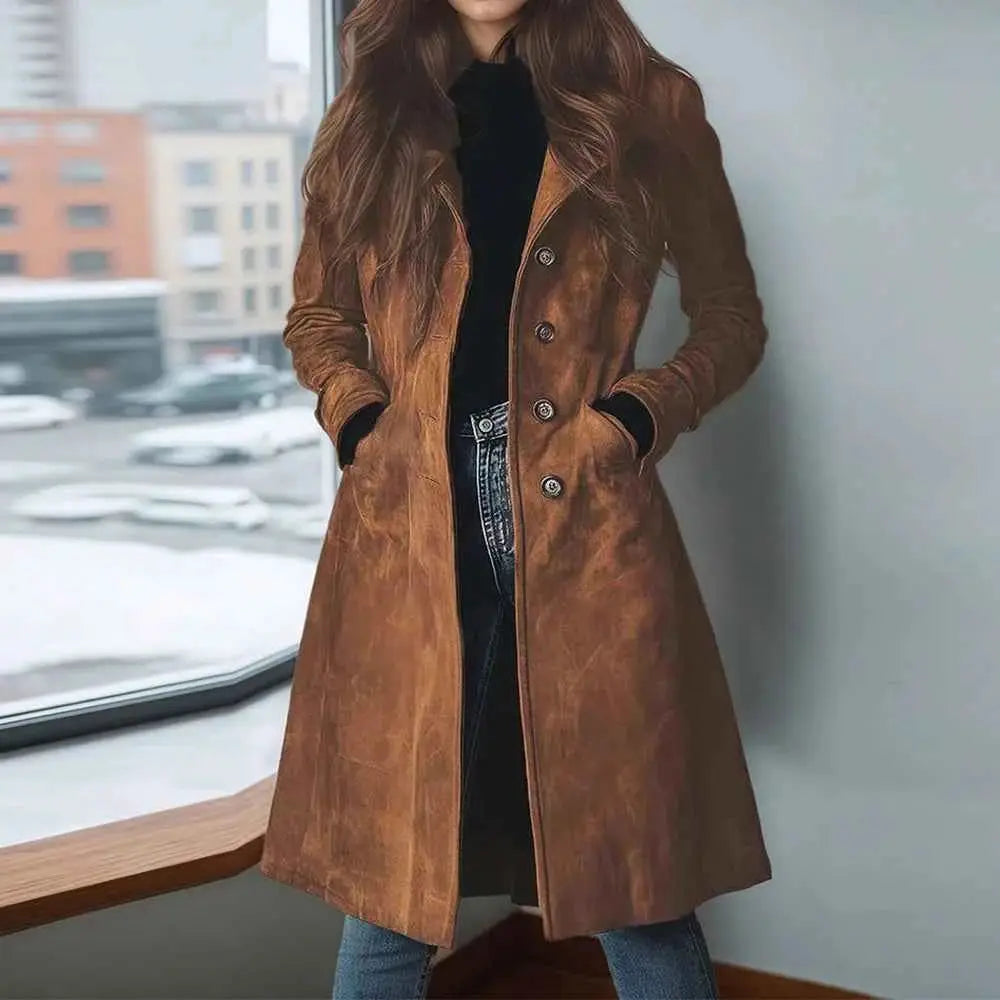 Elegant Suede Long Trench Coat Women Vintage Pocket Single Breasted Long Sleeve Outerwear Windbreaker Fall Jacket