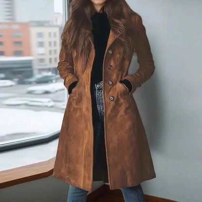 Elegant Suede Long Trench Coat Women Vintage Pocket Single Breasted Long Sleeve Outerwear Windbreaker Fall Jacket
