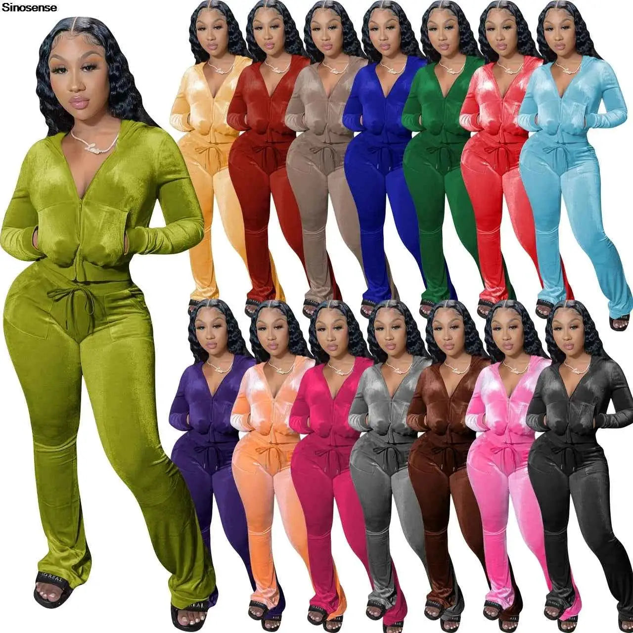 Women Autumn Velour Tracksuit Set Two Piece Zip Up Hooded Jacket Bodycon Flared Pants Jogger Outfit