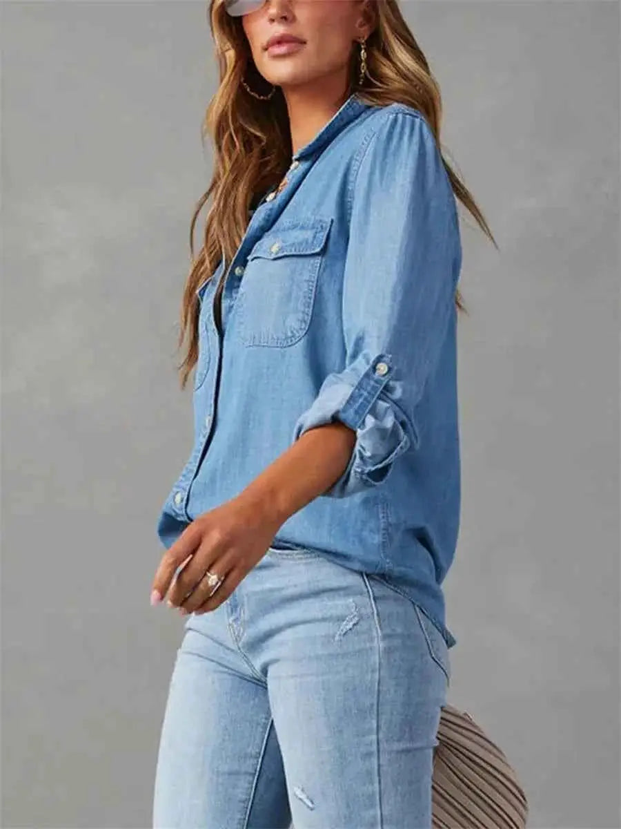 Womens Denim Shirt Solid Color Turn Down Collar Long Sleeve Jean Blouse Spring Casual Streetwear Top for Everyday Wear
