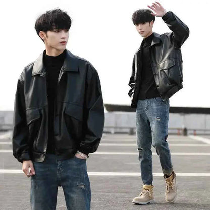 Mens Loose Style Leather Jacket Motorcycle Biker Bomber Coat For Men Fashion Leather Coats 2023