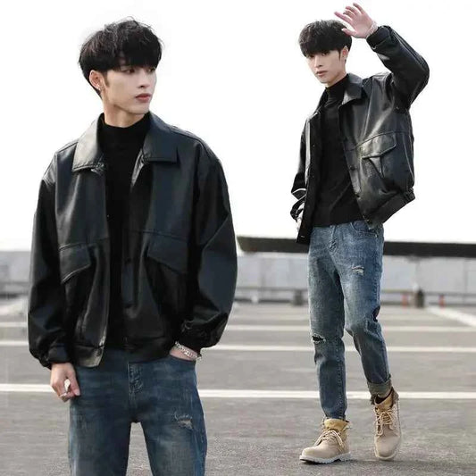 Mens Loose Style Leather Jacket Motorcycle Biker Bomber Coat For Men Fashion Leather Coats 2023
