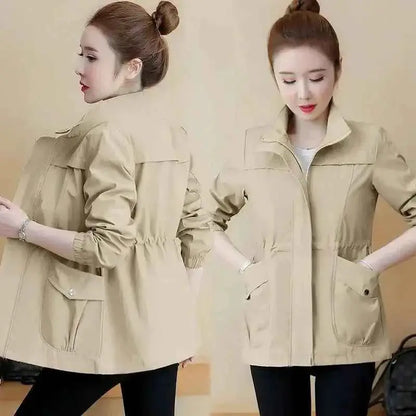 Women's Short Jacket Windbreaker Double Layer Autumn Casual Slim Fit Coat Stand Up Collar Fashion Ladies Outerwear