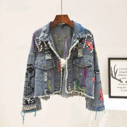 2026 Spring Autumn Women Graffiti Denim Jacket Frayed Raw Cut Rivet Fringe Jean Coat Outwear