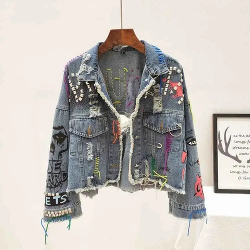 2026 Spring Autumn Women Graffiti Denim Jacket Frayed Raw Cut Rivet Fringe Jean Coat Outwear