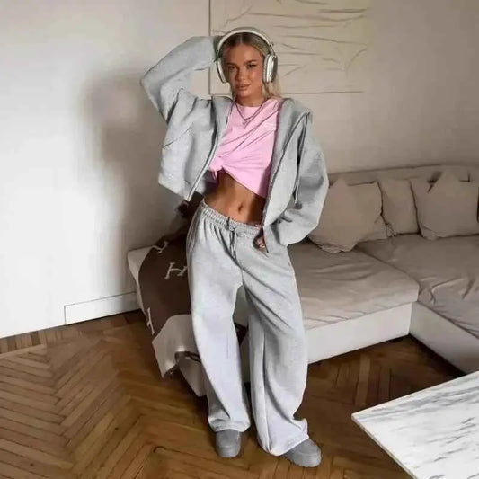 Casual Solid Tracksuit Two Piece Set Women Hooded Zipper Coat Sweatpants 2025 New Loose Fit