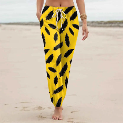 Women Casual Vintage Floral Printed Harem Pants With Pockets Drawstring Elastic Waist Beach Vacation Long Trousers