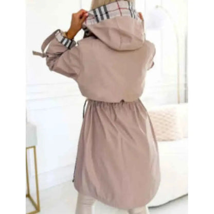 Autumn Winter Splicing Plaid Windbreaker Coat For Women Hooded Zipper Pocket Drawstring Waist Long Jacket