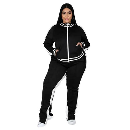 Plus Size Two Piece Sweatsuit For Women Zip Striped Top And Slit Jogger Pants Outfit Wholesale Dropshipping