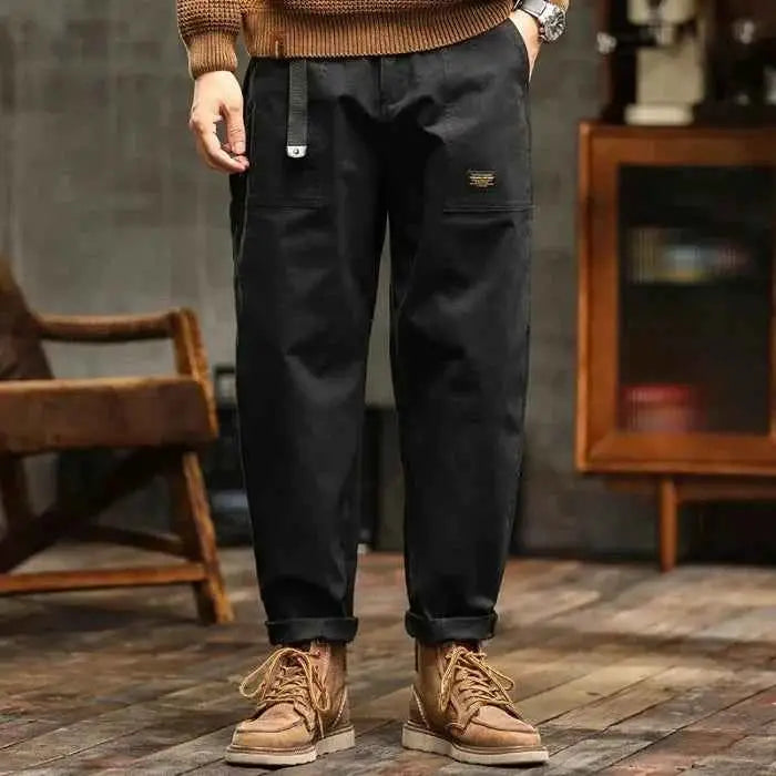 HIQOR Mens Loose Profile Cargo Pants High Waist Army Green American Vintage Trousers For Men