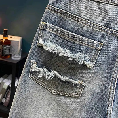 Korean Ripped Mens Denim Shorts Vintage Style Casual Summer Everyday Wear TeenStylo
