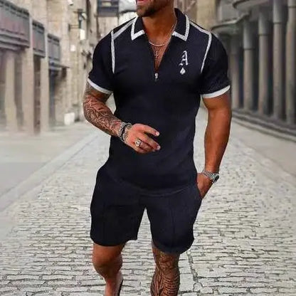 Mens Summer Tracksuit Set 3D Printed Casual Short Sleeve T Shirt With Lapel Zip Polo For Jogging