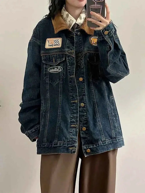Retro Denim Jacket For Women 2024 Single Breasted Long Sleeve Loose Fit Korean Fashion Turn Down Collar Jean Blue Coat